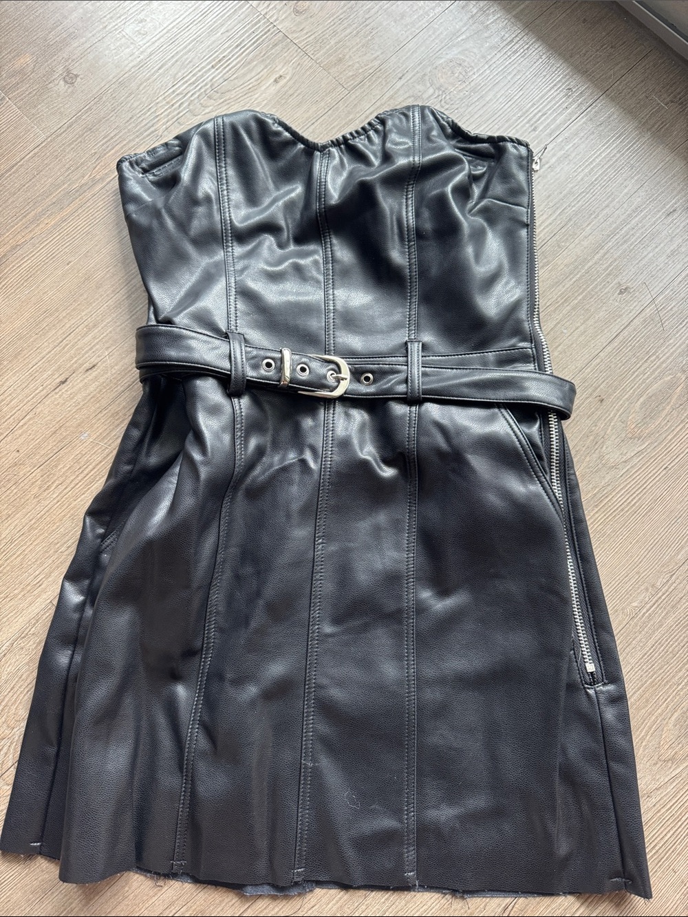 Strapless Black Faux Leather Belted Mini Dress